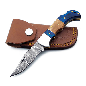 Handmade High Quality Customized Damascus Steel Pocket <b>Knife</b> Back <b>Lock</b> Folding Blade Olivewood Blue Wood Leather Sheath - Product Image 1