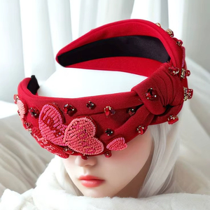 Diadema anudada color granate más vendida con bordado de cuentas de corazón y pedrería brillante, turbante de moda para mujer, diadema para fiesta - Product Image 1