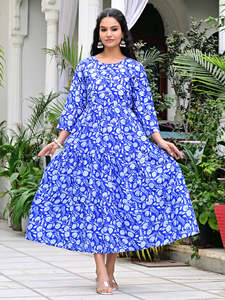 Vestido Casual de Algodón 100% Tejido con Estampado Geométrico Azul para Mujer, Estilo Étnico, Ecológico, con Botones, para Uso Diario, Largo hasta la Pantorrilla - Product Image 6