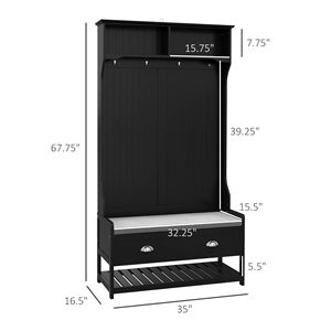 Black Hall Tree Organizer with 4 Hooks and 2 Drawers Coat Rack and <b>Padded</b> <b>Bench</b> for Home Entryway Furniture - Product Image 3