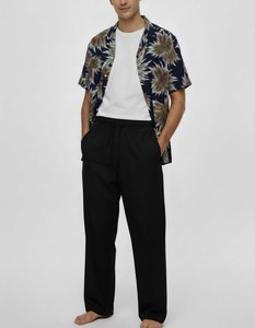 Pantalon décontracté pour homme, noir, taille élastique, avec poches latérales, léger, respirant, en coton tissé, pour l'été - Product Image 2