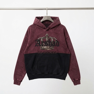 Sweat-shirt à capuche personnalisé délavé à l'acide bicolore pour homme, style streetwear, avec motif couronne en strass, coupe oversize en polaire, tendance - Product Image 5