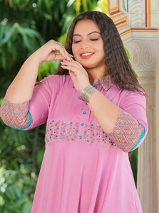 Women's <b>Plus</b> <b>Size</b> Polyester Anarkali Kurta Pink SOLID Embroidered Shirt Collar Three Quarter Sleeves Comfortable Wear - Product Image 5