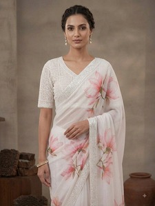 Elegante Saree de Seda y Rayón con Estampado Floral Blanco, Blusa Bordada, Ropa de Boda para Mujer, Estilo India, Pakistán, Bollywood, Sun - Product Image 2