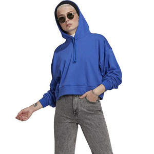 Women Blue <b>Cropped</b> Hoodie <b>Long</b> <b>Sleeve</b> Casual Sweatshirt Solid Color Knitted Cotton Hooded Top Autumn Streetwear - Product Image 1