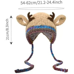 Cute <b>Reindeer</b> Antler Plush Hat Christmas Winter Earflap Hat with Long Braided Tassels Soft Animal Costume Headwear - Product Image 4