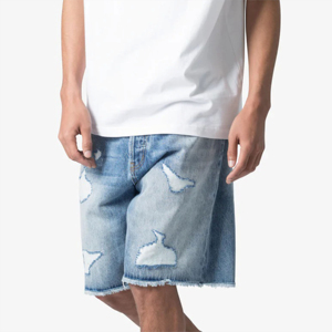 Shorts en jean délavé pour homme, taille mi-haute, style décontracté d'été, déchirés et usés, en coton, coupe droite - Product Image 4