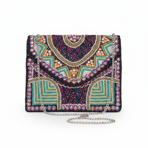 Pochette de Soirée Premium Faite Main Brodé et Perlé pour Femme, Style Bohème Vintage, pour Mariage et Fêtes, avec Fermeture Éclair, en Satin, Organisateur de Cosmétiques - Product Image 1