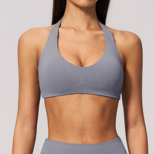 Women's Beige Seamless Sports <b>Bra</b> <b>Halter</b> <b>Neck</b> Medium Support Yoga Fitness Activewear Solid Ribbed Design - Product Image 3