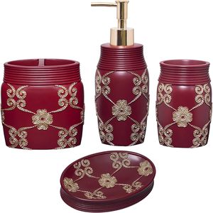 Elegante Set di Accessori da Bagno in 4 Pezzi Rosa Borgogna, Dispenser Classico per Lozione, Bicchiere, Portaspazzolino, Portasapone, Design Moderno - Product Image 1