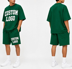 Ensemble T-shirt et short surdimensionné personnalisé avec logo, pour homme, brodé, tricoté, décontracté, streetwear, deux pièces, vert, 100% coton, respirant - Product Image 2