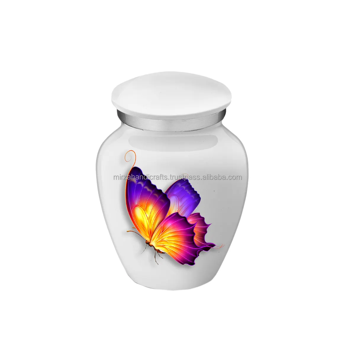 White Glossy Flying Butterfly Design Keepsake Cremation Urn Handcrafted Brass Funeral Urn for Human Ashes