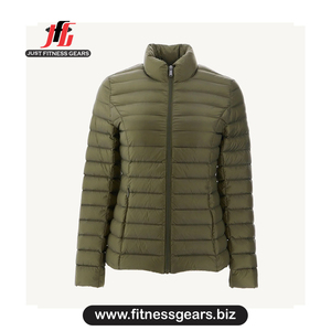 Veste matelassée olive pour femme, manches longues, col montant, fermeture éclair, pour l'automne - Product Image 1