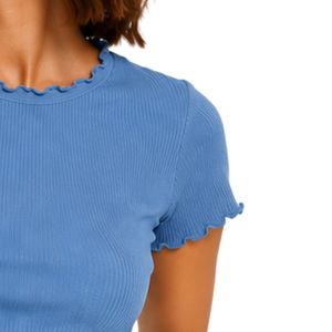 Custom Blue Ribbed Crop <b>Top</b> Women Short Sleeve Lettuce Trim Crew Neck Cotton Spandex Slim Fit Casual Summer T Shirt Custom OEM - Product Image 4