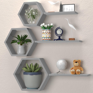 Étagères murales hexagonales grises modernes avec panneaux flottants, étagères murales décoratives géométriques en bois pour le salon - Product Image 6