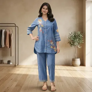 Women's Blue Embroidered Cotton Set <b>Three</b> <b>Quarter</b> Sleeve Loose Fit Full Length <b>Pants</b> Outfit Spring Summer Casual Wear - Product Image 6