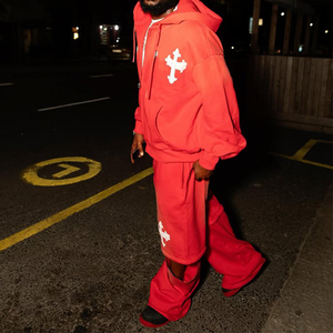 Men Red Hooded <b>Tracksuit</b> Set With <b>White</b> Cross Embroidery Full Zip Sweatshirt And Sweatpants Casual Streetwear Hip Hop Style - Product Image 3