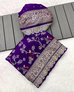 Magnifique et charmant sari indien en coton khadi pur, orné de motifs minakari, pour mariage traditionnel et fêtes nuptiales. - Product Image 1