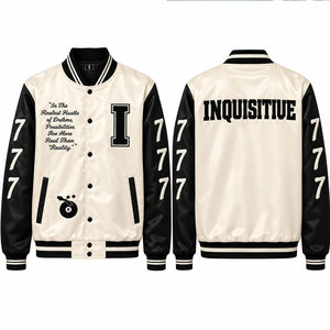Blouson universitaire homme Inquisitive, crème et noir, manches en cuir PU, imprimé lettre I sérigraphié, style preppy, coupe droite, automne - Product Image 1