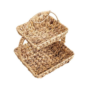 Cesta de frutas cuadrada de 2 niveles hecha a mano con jacinto de agua, bandeja de almacenamiento tejida para organización de cocina - Product Image 3