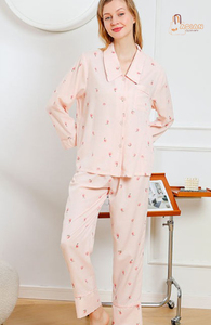 Ensemble de pyjama en coton imprimé panda pour femmes, manches longues, col rabattu, fermeture à boutons, vêtements de nuit décontractés, saison printemps - Product Image 2
