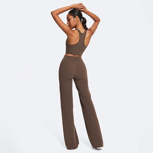 <b>Flared</b> Leg 2 Piece Yoga Set featuring Racerback Crop Top and High Waist Butt Scrunch Pants Gym Fitness Activewear Sets for Women - Product Image 4