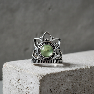 Moonleaf Prehnite Lotus Crown <b>Ring</b> <b>Silver</b> Plated Brass Bezel Setting Bohemian Style Natural Gemstone Artisan Jewelry - Product Image 5