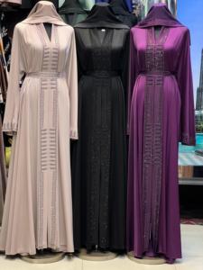 2026 New V Neck Long Sleeve Floor Length Modest Polyester Handmade <b>Flared</b> Hem Abaya Beaded Detail Women's Traditional Muslim - Product Image 3