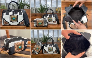 Conjunto combinado de 2 piezas de cuero de vaca portátil Unisex, Mini bolsa de lona y neceser con cuero mecanizado a mano, bolsa de viaje para equipaje con piedra turquesa - Product Image 3