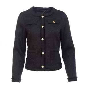 Blazer de Tweed de Lana Negro Perla para Mujer, Elegante, Manga Larga, Formal, con Detalle de Botones, Texturizado, para Oficina, Negocios, Moda, Corte Entallado - Product Image 1