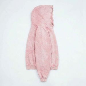 <b>Pink</b> Oversized Crop <b>Hoodie</b> Tie-Dye Cotton French Terry Unisex Pullover With Pocket And Distressed Details Autumn Style - Product Image 5