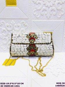 Handmade White Mosaic Clutch Bag Floral Stone Embellishment | Craftstages International Designer Sling Clutch for Women | - Product Image 3