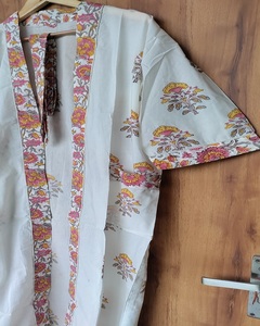 <b>White</b>-Colour Printed Kimono <b>Robe</b> Cotton Floral Hand Block Print Breathable Long Sleeve Nightwear Size Available - Product Image 3
