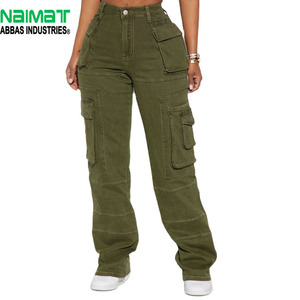 Pantalones cargo de cintura alta para mujer, color verde oliva, de algodón y mezclilla, con múltiples bolsillos, de pierna ancha, para atuendos casuales y de calle. - Product Image 1