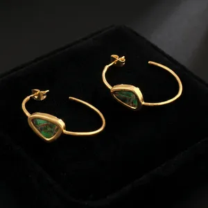 Boucles d'oreilles créoles en laiton plaqué or 18 carats pour femme, émeraude, cuivre, turquoise, bijoux fantaisie faits à la main, tendance pour les soirées - Product Image 6