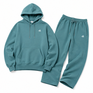   Ensemble de survêtement surdimensionné bleu sarcelle avec broderie personnalisée, sweat à capuche et pantalon de jogging à jambes larges en molleton épais pour femme, OEM - Product Image 4