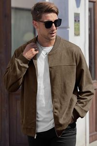 Men’s Bomber Jacket Faux Suede Midweight Casual Full-Zip Flight <b>Coat</b> - Product Image 3