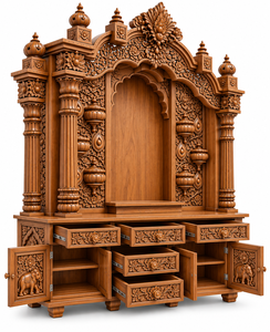 Grand Wooden Hindu Temple with Glowing Om Chakra Centerpiece Big Size Handcrafted Wooden Pooja Mandir For Home Pooja Cabinet <b>UK</b> - Product Image 6