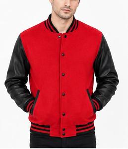 <b>Red</b> Men's <b>Varsity</b> <b>Jacket</b> With <b>Black</b> Leather Sleeves Button Closure Casual Style Autumn Wear - Product Image 1
