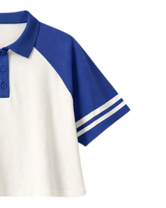 Customized Blue And <b>White</b> Women Cropped Polo T <b>Shirt</b> Raglan Sleeve Striped Sleeve Casual Cotton Top Button Placket Summer Tee - Product Image 2