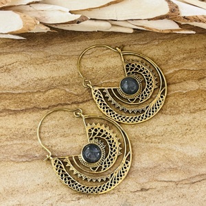 Nuevos Aretes de Aro Geométricos Boho, Joyería Tribal de Latón para Mujer, Acabado de Latón Antiguo, Labradorita Étnica, Venta al por Mayor/OEM/ODM - Product Image 6