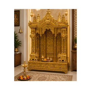Temple domestique hindou de luxe avec sculptures d'éléphants sur la base, Pooja Mandir royal en bois doré avec piliers sculptés en forme d'éléphant pour les maisons américaines - Product Image 1