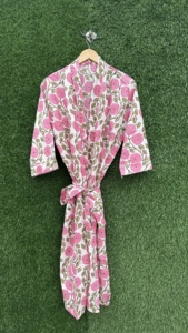 Bata Kimono de Algodón Floral con Cuello en V, Estampada a Mano, Transpirable, de Manga Larga para Mujer, Estilo Indio, para Verano, Ropa de Playa - Product Image 5