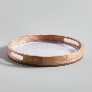 Handcrafted Pearl Enamel Wooden Serving <b>Tray</b> with Raised <b>Round</b> Rim and Cutout Handles Decorative Dining <b>Table</b> Organizer Serving - Product Image 1