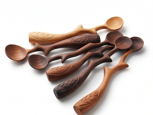 Ensemble de cuillères en bois avec manches sculptés en forme de feuille, design Wabi Sabi écologique, pour le camping, la salle à manger et l'hôtellerie - Product Image 3