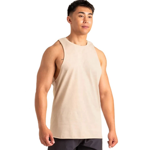 เสื้อกล้ามถักทรงเข้ารูปสีเบจสำหรับผู้ชาย ผ้าฝ้าย 100% แห้งเร็ว ระบายอากาศดี เหมาะสำหรับออกกำลังกาย รับผลิตเสื้อผ้ากีฬา OEM พร้อมสกรีนโลโก้ - Product Image 3
