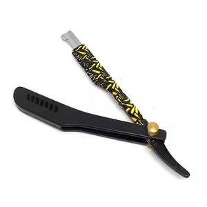 Black And Yellow Patterned Straight <b>Razor</b> Stainless Steel <b>Blade</b> ABS Handle <b>Single</b> <b>Blade</b> For Men Barber Shop Use - Product Image 2