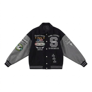 Men's Embroidered Varsity Jacket Black Gray Patchwork College Style Baseball <b>Coat</b> Preppy Fashion Turn-down Collar Regular Fit - Product Image 1