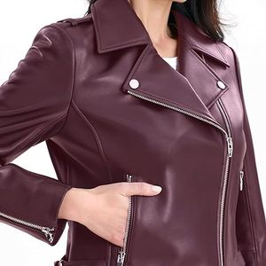 Vestes en cuir véritable pour femmes, couleur noire, haute qualité, vente en gros, veste de motard élégante bordeaux, logo personnalisé OEM, couleurs variées, fermeture éclair - Product Image 2