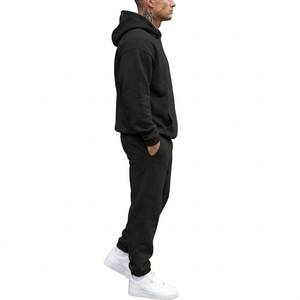 Men's Heavyweight Fleece Tracksuit <b>Set</b> Solid Black Oversized Pullover Hoodie & <b>Matching</b> <b>Jogger</b> Sweatpants - Product Image 1